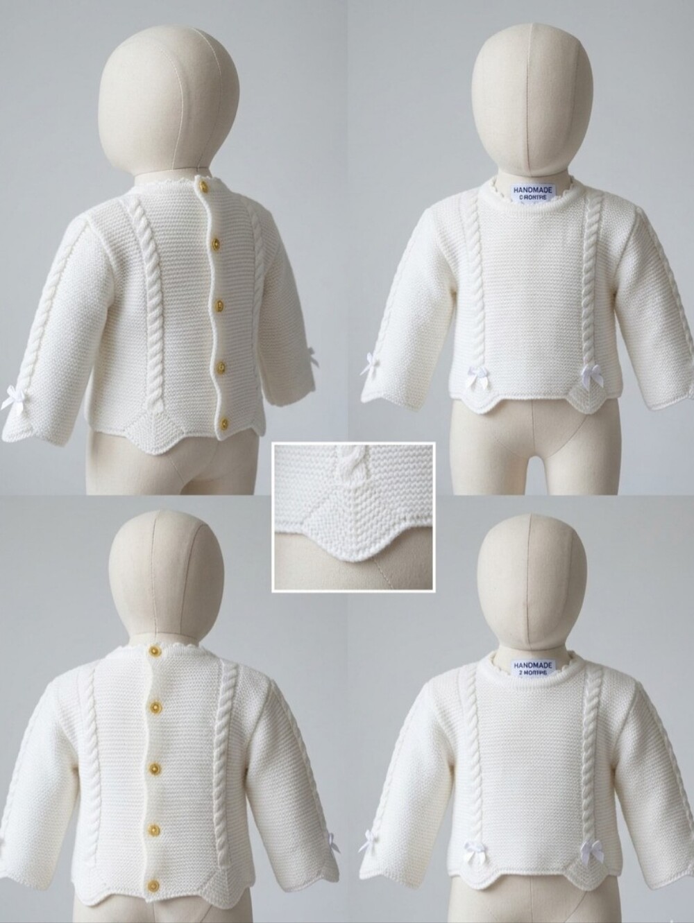 European Baby Pili Carrera White Baby Sweater Scallop Edge Ribbon Trim - Spain